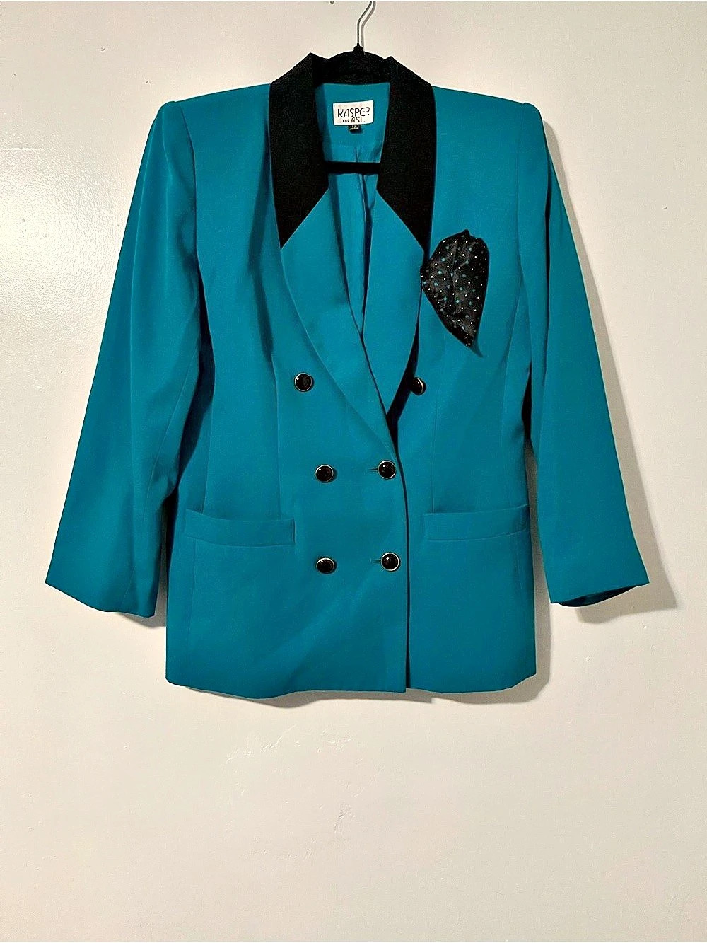 90s VTG Kasper Double-Breasted Blazer Teal Blue - Removable Pocket Square